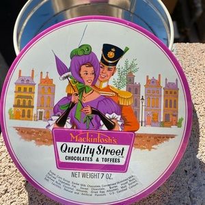 This vintage tin held Mackintosh's Quality Street Old English Confect.